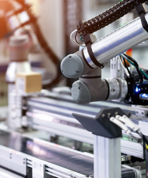 Co-operate robot is working by pick the box to packing in manufacturing factory concept smart warehouse 4.0.